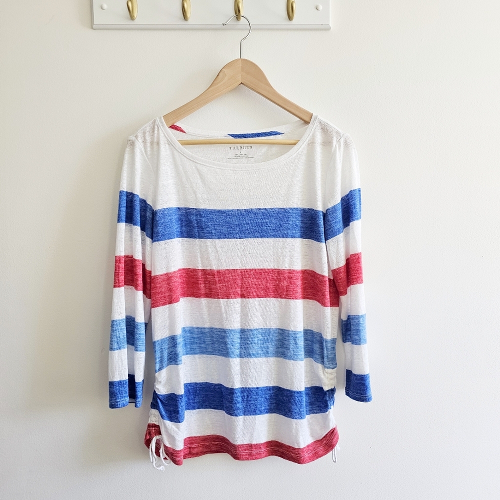 Talbots Linen Blend Side Tie Bateau Neck Stripe Nautical Tee Blue Red White Sz L